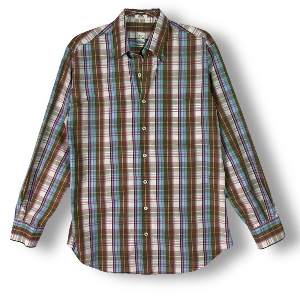 Peter Millar Mens Shirt M Madras Plaid Long Sleeve Multi Button Up Weekender Was